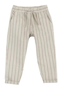 Beige gestreepte broek met rode en blauwe lijnen, gemaakt van textiel met textuur. Voorzien van een elastische tailleband en een trekkoord, en zijzakken.