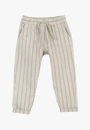 Pantalones a rayas beige con líneas rojas y azules, hechos de un tejido texturizado. Cuentan con una cinturilla elástica y cordón, y bolsillos laterales.