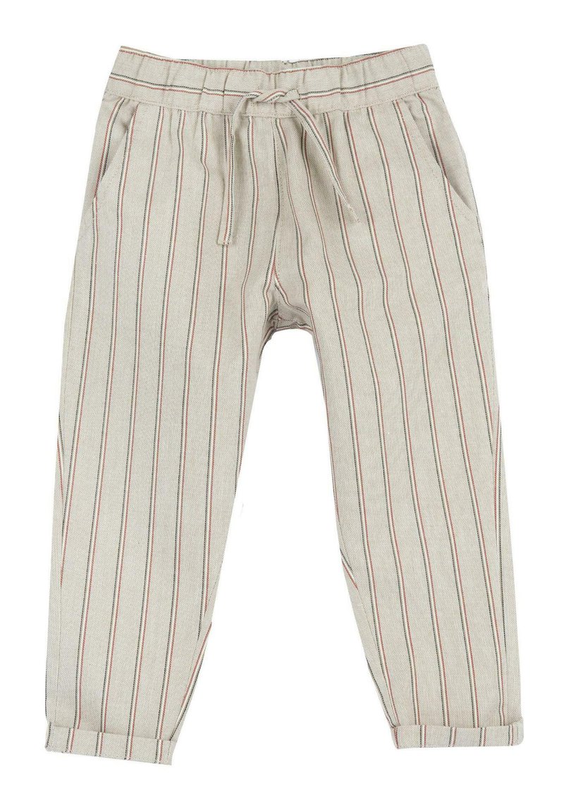 Beige gestreepte broek met rode en blauwe lijnen, gemaakt van textiel met textuur. Voorzien van een elastische tailleband en een trekkoord, en zijzakken.