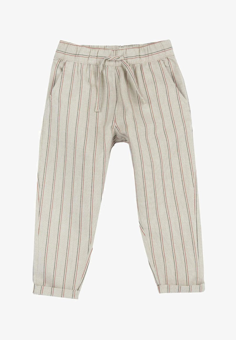 Beige gestreepte broek met rode en blauwe lijnen, gemaakt van textiel met textuur. Voorzien van een elastische tailleband en een trekkoord, en zijzakken.