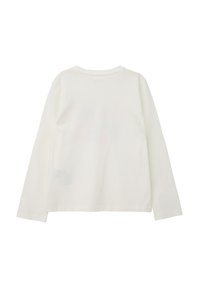 Langärmliges weißes Baumwoll-T-Shirt mit klassischem Rundhalsausschnitt und glatter Textur. Verfügt über ein schlichtes, unifarbenes Rückendesign ohne sichtbare Muster oder Akzente.