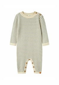 Combinaison en tricot à manches longues pour bébé avec un motif à carreaux crème et gris, dotée de boutons en bois sur l'épaule et les ouvertures intérieures des jambes.