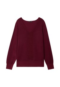 Bordeaux, gebreide trui met een V-hals en lange mouwen. Heeft een glanzend, textuurpaneel in het midden en ribbelmanchetten en -zoom.