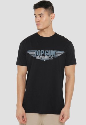 Black cotton t-shirt featuring a distressed blue graphic reading “TOP GUN MAVERICK” with wings. Classic crew neck and short sleeves.