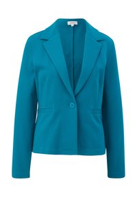 Turkusowa marynarka z wykładanym kołnierzem, zapinana na jeden guzik, z dwiema przednimi kieszeniami. Wykonana z teksturowanej tkaniny, z długimi rękawami.