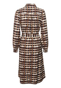 Robe midi à manches longues à carreaux marron, noir et blanc avec un col et une taille cintrée, vue de dos.