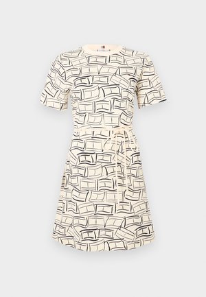 Lühikeste varrukatega kreemjas kleit musta abstraktse mustriga. Vöökoht on liibuv ja sisaldab sobivat paela, A-lõikega siluett ning ümmargune kaelus.
