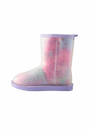 Translucent, pastel gradient rain boot with a fluffy texture, purple sole, and matching top trim. Designed for water resistance and durability.