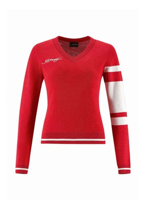 Roter Strickpullover mit V-Ausschnitt, verziert mit weißen Streifen an den Ärmeln und dem Saum sowie einem weißen, auf der Brust gestickten Logo.