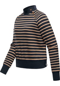 Sudadera a rayas en azul marino y marrón claro, con cuello alto, puños acanalados y tres botones decorativos en el hombro.