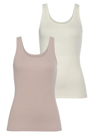 Set aus zwei Tanktops: eines in hellrosa und eines in cremeweiß. Hergestellt aus geripptem Baumwollstoff, mit Rundhalsausschnitten und Mittelbreiten Trägern.