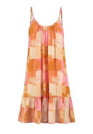 Robe sans manches légère avec une jupe évasée, présentant un imprimé de palmiers orange et rose sur un fond beige. Bretelles réglables.