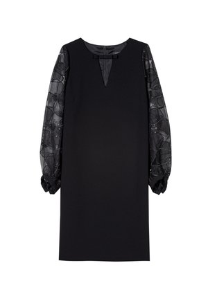 Schwarzes knielanges Kleid mit transparenten, floral gemusterten langen Ärmeln und einem kleinen Schleifendetail am Ausschnitt.