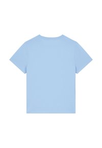 T-Shirt mit kurzen Ärmeln aus leichtem Baumwollmaterial in Hellblau, mit Rundhalsausschnitt und glatter Textur, in einfacher Ausführung.