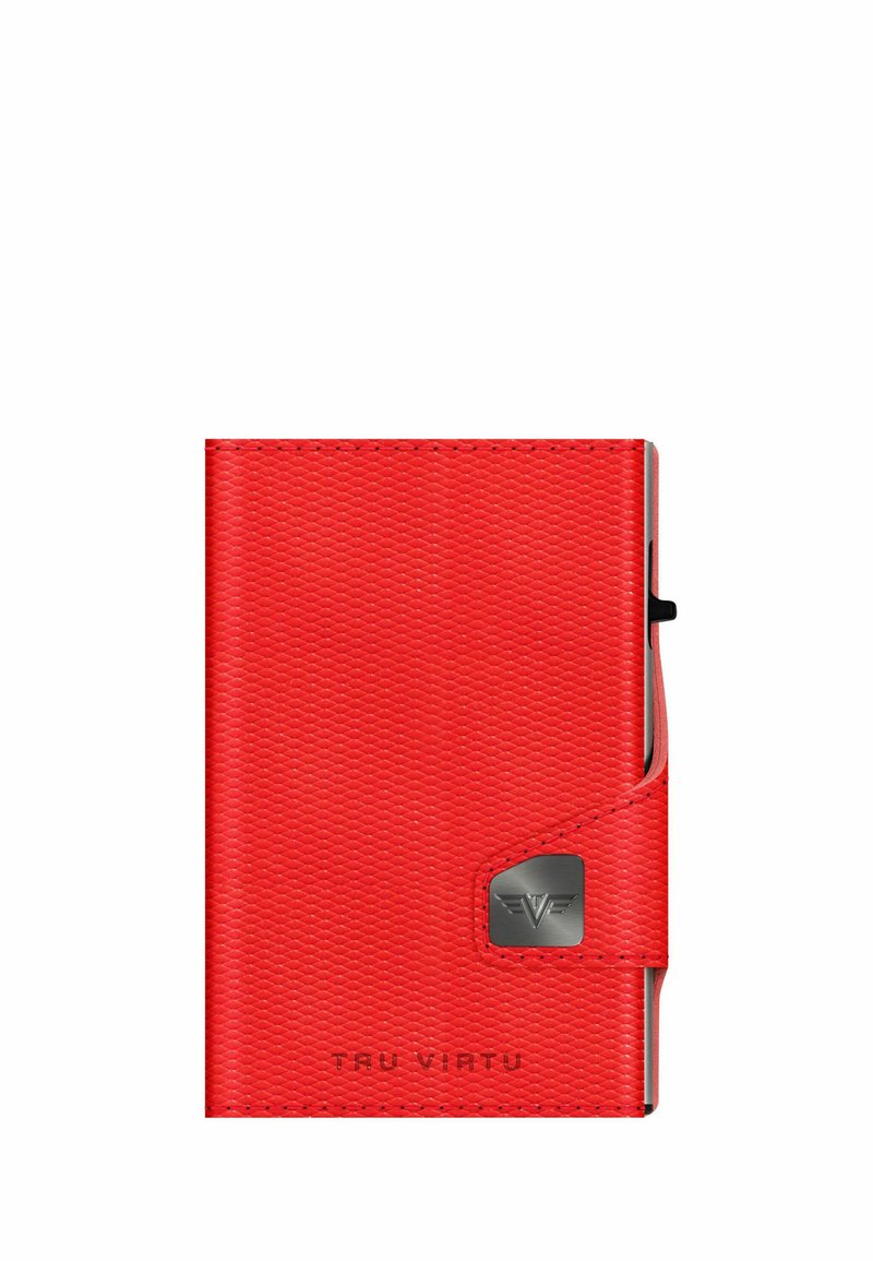 Red wallet made of textured synthetic material with a metallic logo accent. Features a button closure and a slim rectangular design.