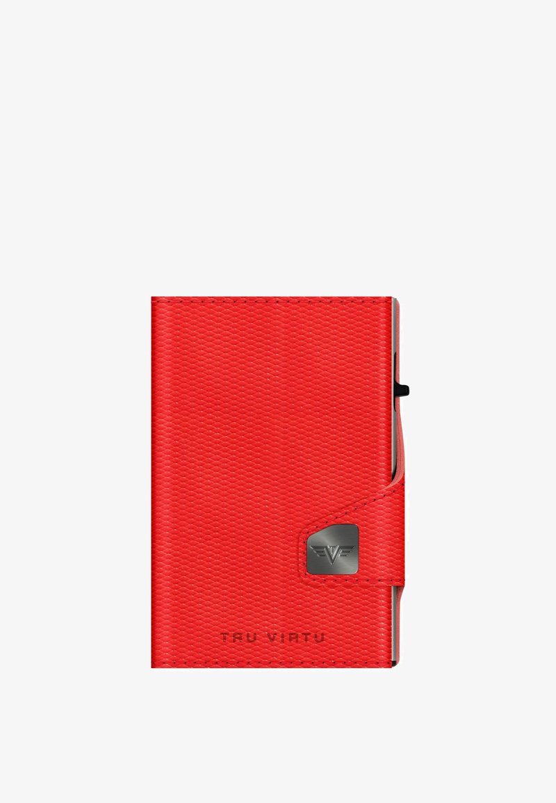 Red wallet made of textured synthetic material with a metallic logo accent. Features a button closure and a slim rectangular design.