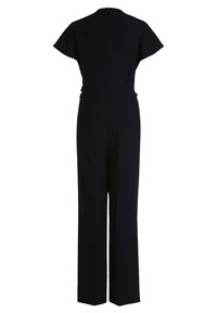 Schwarzer Jumpsuit mit hohem Kragen, kurzen Kappärmel und weitem Hosenbein. Verfügt über einen verdeckten Reißverschluss auf der Rückseite und eine glatte Textur.