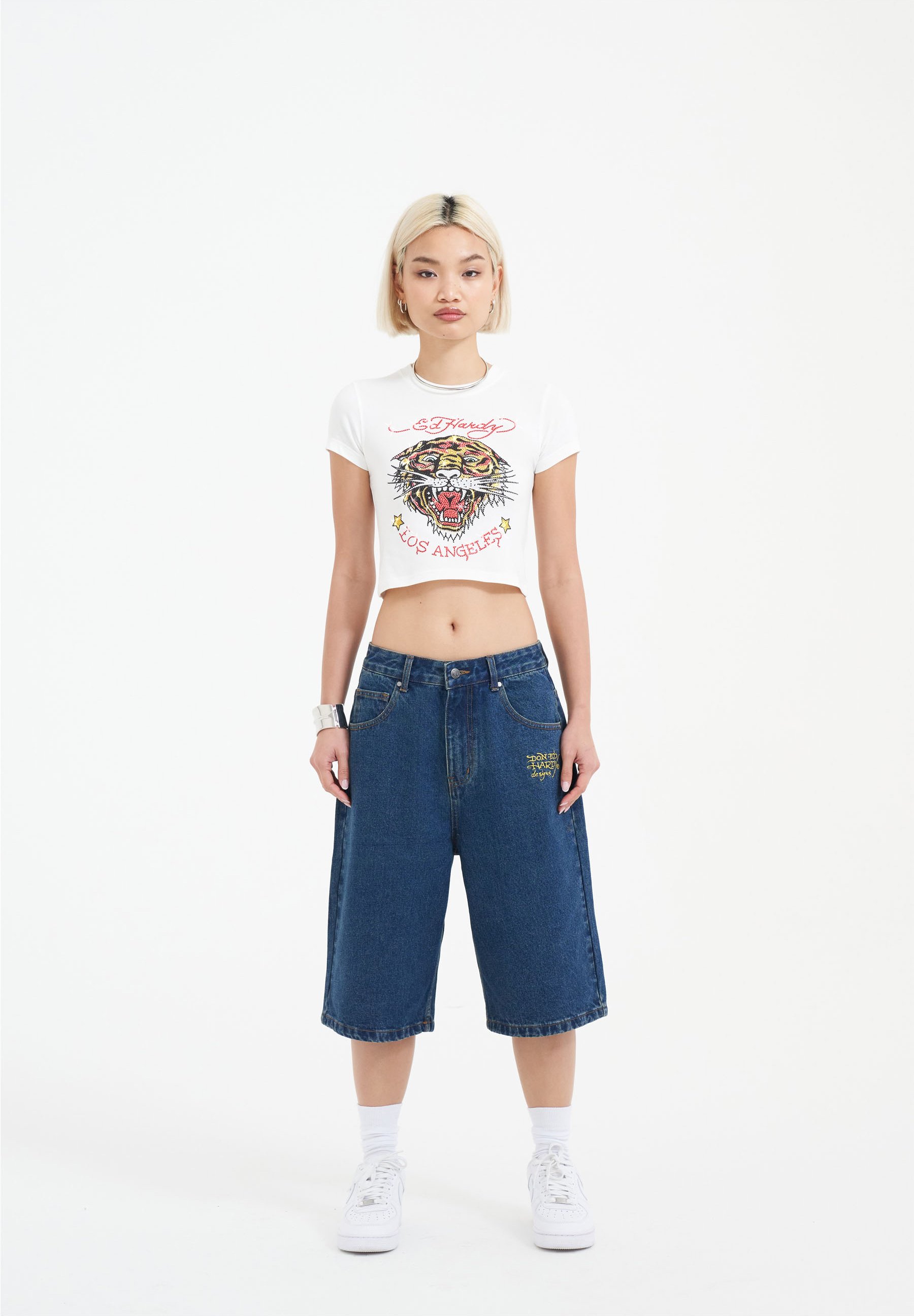 Ed Hardy TIGER KING DIAMANTE - Denim shorts - indigo/blue denim