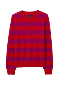 Rot und fuchsia gestreifter Pullover mit langen Ärmeln, Rundhalsausschnitt, gerippten Bündchen und Saum, hergestellt aus weichem Strickstoff. Etikett innen am Halsausschnitt sichtbar.