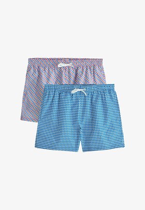 Zwei Herren-Badeshorts mit elastischen Bündchen und weißen Kordeln, eine mit blauem geometrischem Muster und eine mit orange-blauen Wellenmustern.