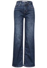 Jeans de mezclilla de pierna ancha en azul oscuro. Tejido ligero con una textura suave. Presenta bolsillos frontales, pasadores para cinturón y costuras visibles.