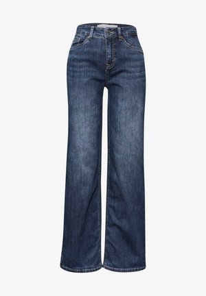 Wide-leg denim jeans in dark blue. Lightweight fabric with a smooth texture. Features front pockets, belt loops, and visible stitching.