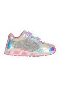 Multicolored children's sneaker with mesh and synthetic upper, silver glitter accents, two Velcro straps, and a pink sole.