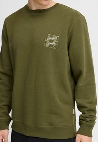 Sudadera verde oliva hecha de una tela suave, con cuello redondo y puños acanalados, con el texto blanco "PENSAMIENTOS ERRANTES..." en la parte delantera.
