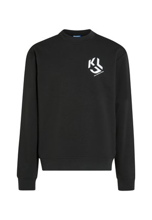 Sweatshirt noir en mélange de coton, avec un col rond, des poignets côtelés, et un logo graphique blanc sur le côté gauche de la poitrine.