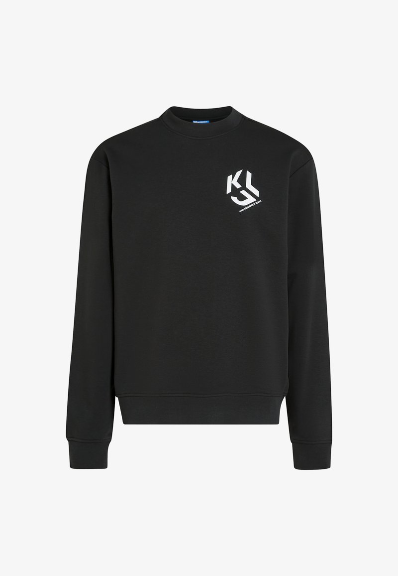 Čierna mikina z mixu bavlny s okrúhlym výstrihom, rebrovanými manžetami a bielym grafickým logom na ľavej hrudi.