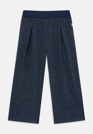 Marineblå vide bukser laget av teksturert stoff med en subtil flerfarget flein. Har flat midje og lagt for en strukturert passform.