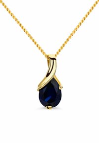 Collier en or avec un pendentif en pierre précieuse bleue en forme de goutte d'eau, avec des facettes, des accents en or courbés et une chaîne torsadée.