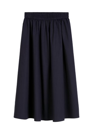 Marinefarbener, knielanger Rock mit einem elastischen Bund, aus glattem Stoff gefertigt, mit einer lockeren, A-linienförmigen Silhouette und minimalen Details.