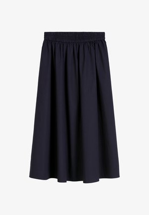 Gonna blu navy al ginocchio con un cintura elastica, realizzata in tessuto liscio, caratterizzata da una silhouette ampia a forma di A e dettagli minimi.