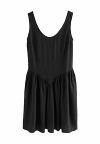 Vestido negro sin mangas con escote redondeado, cintura fruncida y falda acampanada. Confeccionado en una tela suave y texturizada.