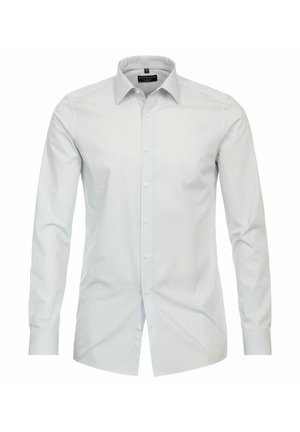 Hellgraues Hemd mit langen Ärmeln und Knopfleiste, versehen mit einem kleinen, sich wiederholenden geometrischen Muster und klassischem Kragen, auf weißem Hintergrund präsentiert.