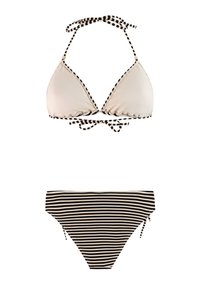 Bikiniset bestaande uit een crèmekleurige, driehoekige top met zwarte gestreepte bandjes en een bijpassende gestreepte broek, met de nadruk op een klassiek kleurcontrast.