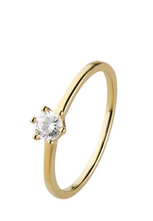 Goldener Solitärring mit einem runden, klaren Diamanten, gehalten von sechs Krappen auf einem glatten, polierten Band vor weißem Hintergrund.