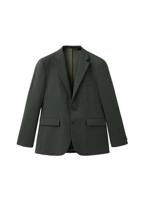 Dunkelgrüner, maßgeschneiderter Blazer mit zwei Knöpfen, Stegkragen und Klappentaschen vorne, gezeigt vor einem schlichten weißen Hintergrund.