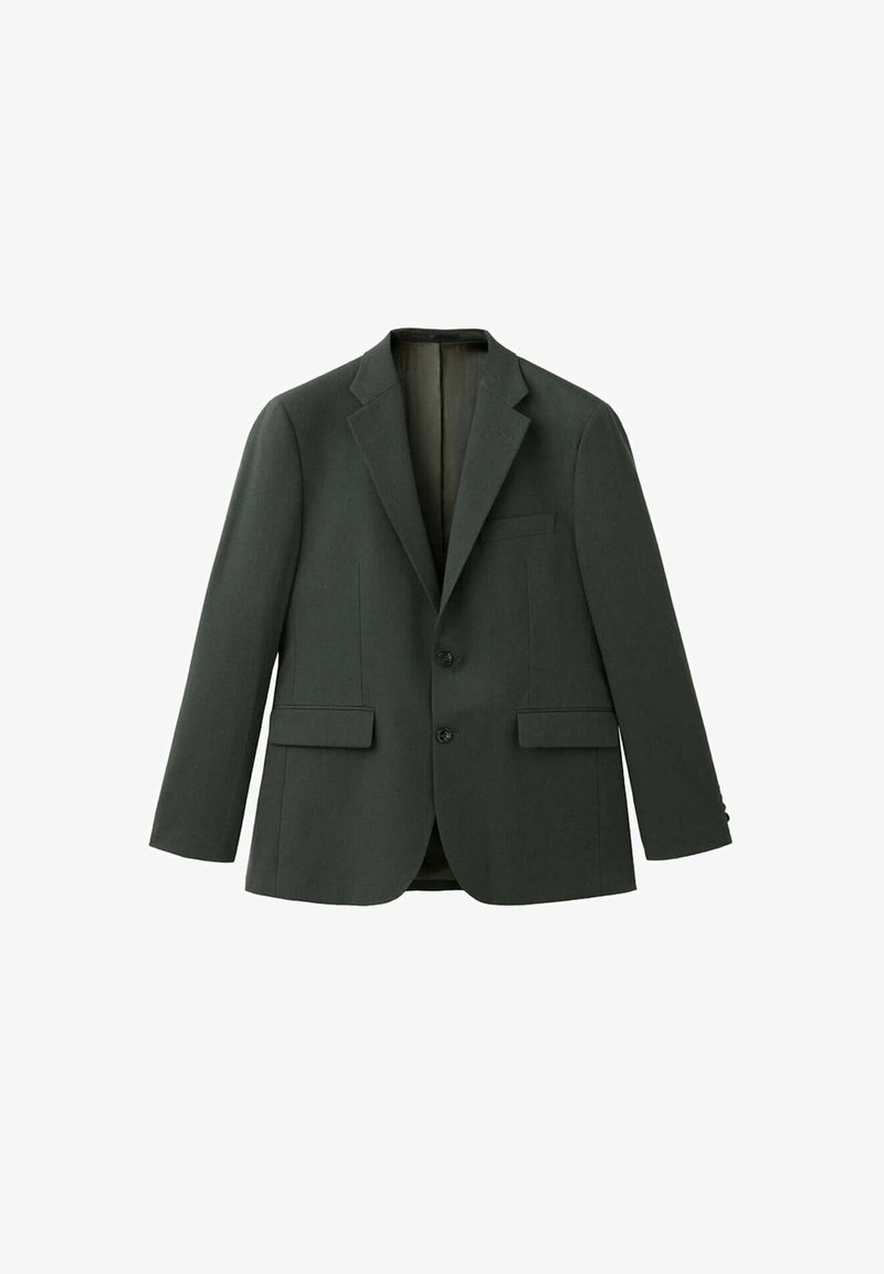 Blazer vert foncé cintré à deux boutons, col cranté et poches à rabat à l’avant, présenté sur un fond blanc uni.