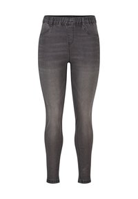 Zwarte stretch denim jeggings met een elastische tailleband, voorzien van een licht vervaagde afwerking en twee voorkruisen. Straksluitend ontwerp.