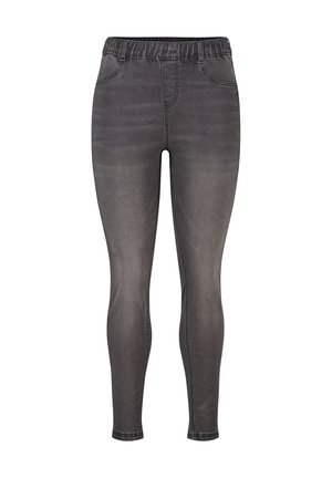 Jeggings en denim stretch noir avec une taille élastique, présentant une finition légèrement délavée et deux poches avant. Design ajusté.