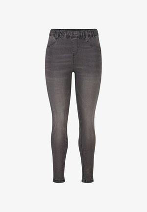 Jeggings en denim stretch noir avec une taille élastique, présentant une finition légèrement délavée et deux poches avant. Design ajusté.