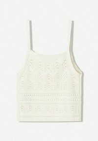 White knitted crop top with thin straps, featuring a textured pattern of openwork detailing and a ribbed waistband.