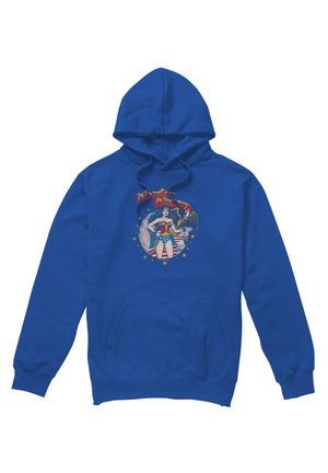 Blauer Hoodie mit Fronttasche mit Vintage-Stil Wonder Woman Grafik und Text, mit Sternen und einem Adler im Hintergrund.