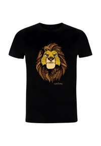 Sort bomulds T-shirt med et illustreret løvegrafik i gul og brun, med intrikate mønstre og tekst der siger "Løvens Konge."