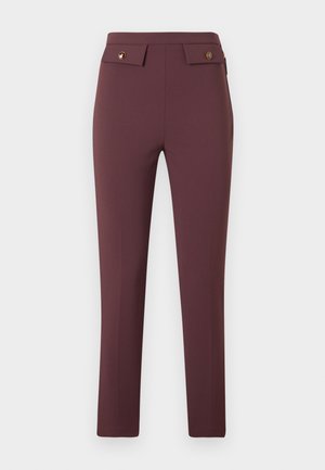 Burgundy tailored trousers with a smooth fabric, low-rise waist, four belt loops, and two front pockets with decorative gold accents.
