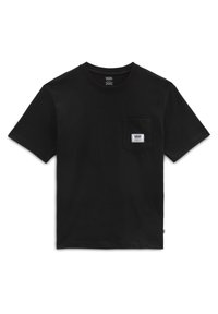 T-shirt noir à manches courtes en coton. Comprend un col rond, une poche poitrine et une étiquette sur la poche avec du texte et un logo.