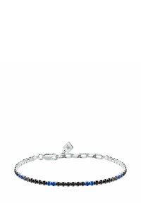 Bracciale in argento con pietre preziose nere e blu disposte in un motivo lineare, dotato di chiusura a catena e gancio. Inclusa etichetta di marca.