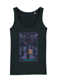 Czarny top na ramiączkach z grafiką przedstawiającą Endermana trzymającego blok, otoczonego fioletowymi cząstkami i oprawionego zielonymi akcentami.